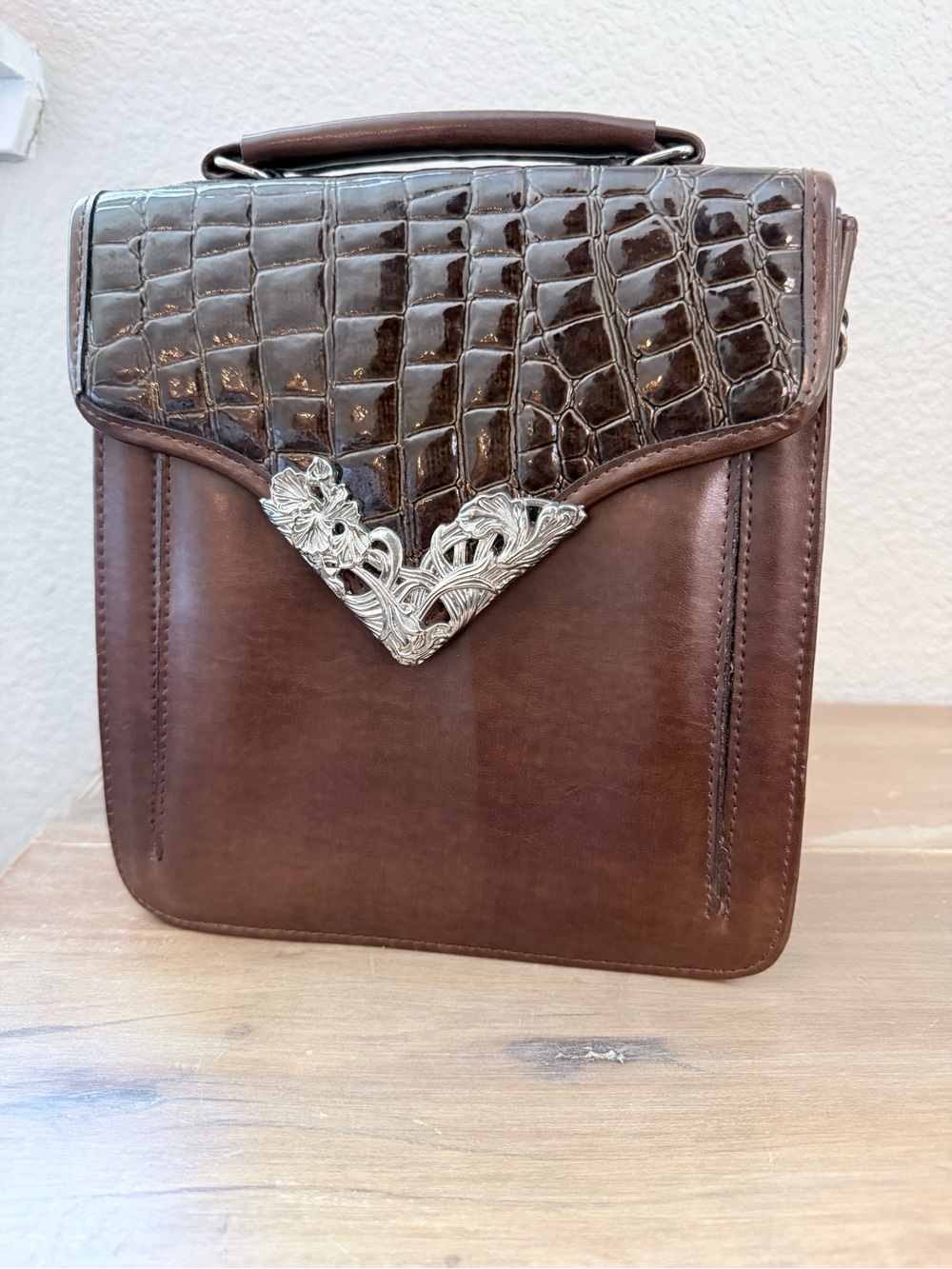 Brown Leather Crossbody Bag with Croc Flap & Silver Accent